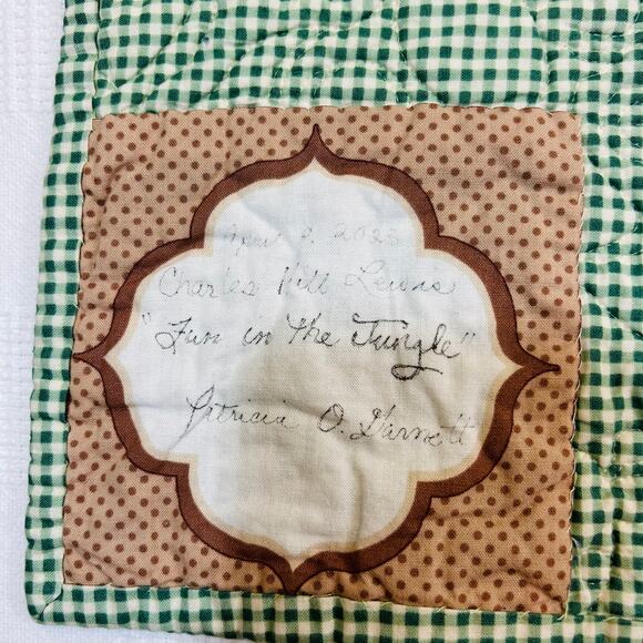 Baby Quilt Jungle Babies Green Brown Yellow 46.5" x 37.5" Green Gingham Backing - Picture 9 of 10